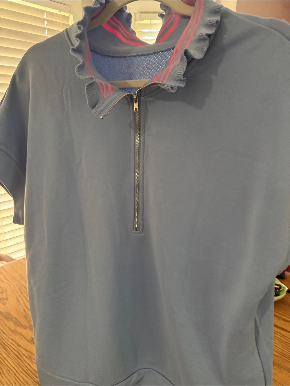 Ruffle Collar Half-Zip Sweatshirt in Dusty Blue with Pink Trim -Pop that collar